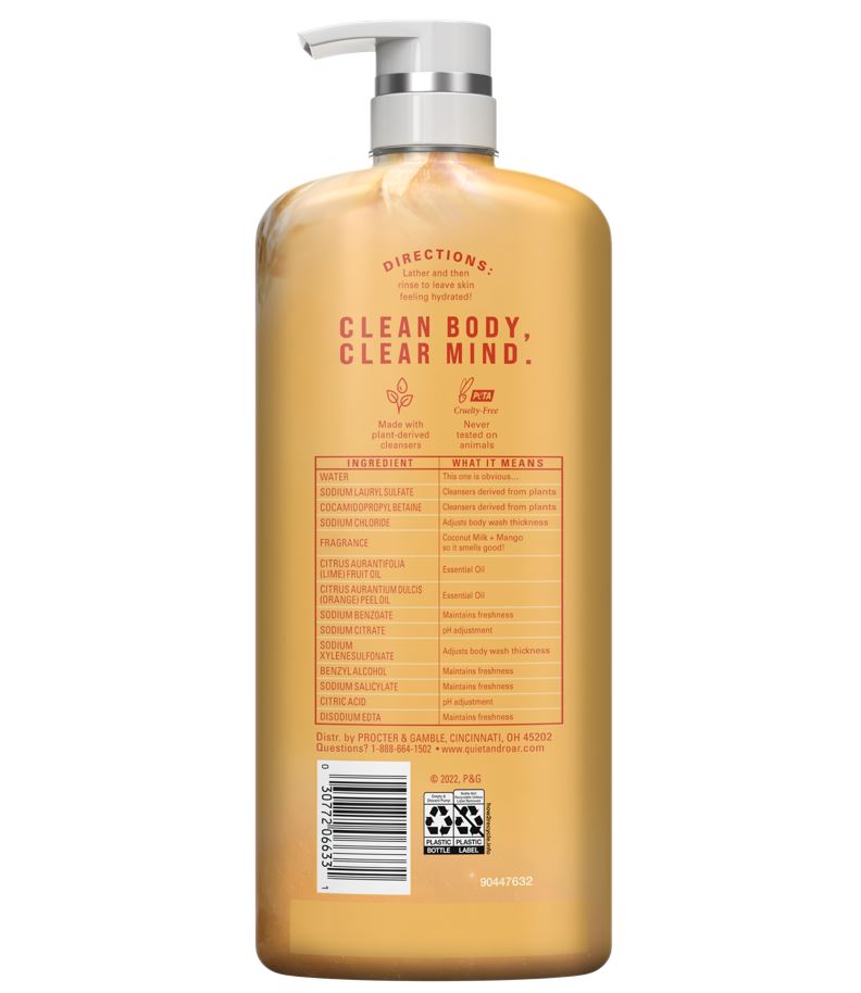 Quiet & Roar Body Wash Coconut Milk + Mango 20.2 fl oz/600mL Free